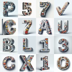 Naklejka premium Concrete letters blens with flowers shape 3D Lettering Typeface. AI generated illustration