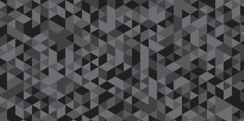Abstract geometric black and gray background seamless mosaic and low polygon triangle texture wallpaper. Triangle shape retro wall grid pattern geometric ornament tile vector square element.