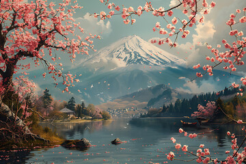 majestically blooming large cherry trees, sakura with a view of Mount Fuji
