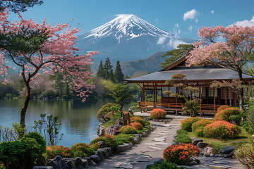 majestically blooming large cherry trees, sakura with a view of Mount Fuji
 - obrazy, fototapety, plakaty