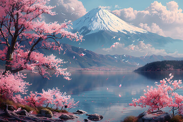 majestically blooming large cherry trees, sakura with a view of Mount Fuji
 - obrazy, fototapety, plakaty