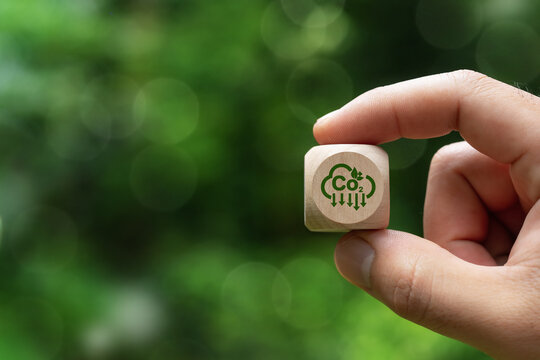 Reduce carbon dioxide emissions to limit climate change and global warming. Low greenhouse gas levels help reduce carbon emissions. Zero carbon and hand holding wooden block with green co2 icon