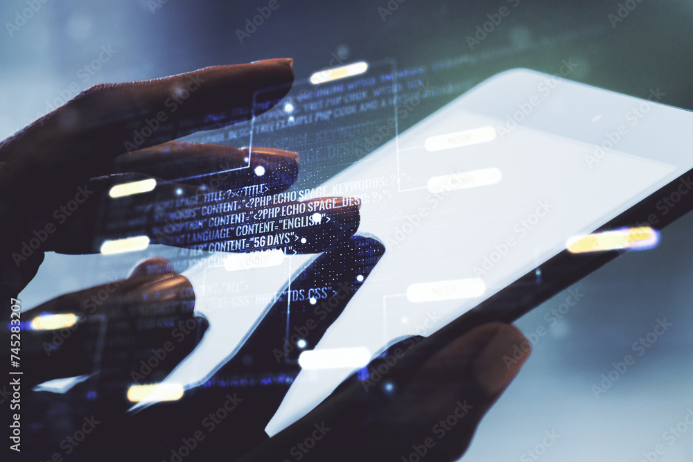 Aufkleber double exposure of abstract creative programming illustration and finger clicks on a digital tablet 