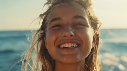 beautiful smile of young blonde girl having outdoor fun on calm sea with blue skies - obrazy, fototapety, plakaty