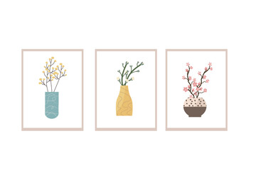 Spring branch in decorative vases - set of posters in flat style