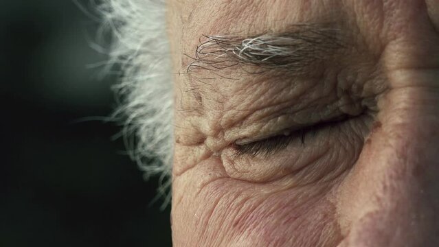 elderly wrinkled man half face portrait: closeup on old man's eye 
