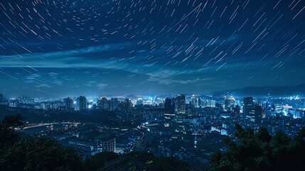 nature landscape under the starry night sky, city lights creating a celestial cityscape
