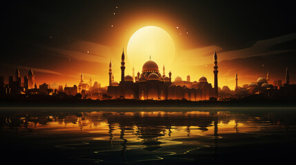 generated illustration of mosque with moon in the sky. ramadan kareem concept.