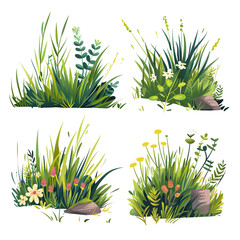 set of 2d illustration of grass flowers on transparent background