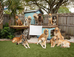 Group of assorted dogs sitting by a dog house in a garden next to a blank sign, Florida, USA