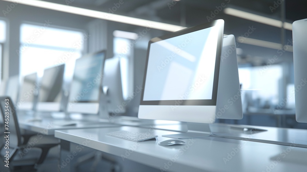 Poster workspace efficiency optimized with a row of bright computer screens in a modern office captured wit