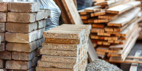 Construction Essentials, Building Materials at Worksite. Stacked bricks, bags of mortar, wooden planks. Background for a construction store.