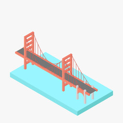 Golden Gate Bridge, San Francisco, landmark building Illustration of a red bridge in isometric 3D.