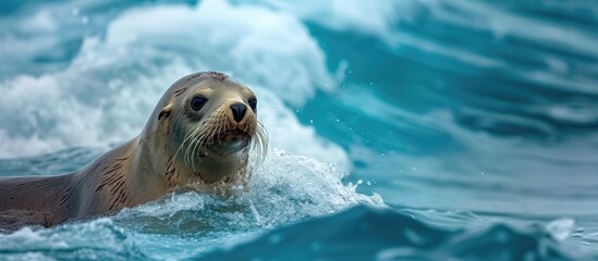 Fototapeta premium A sea lion gracefully swims through the tranquil ocean waters on a sunny day, with waves gently rolling in the background. The scene captures the sea lions sleek movements as it navigates the