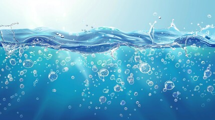 underwater beauty showcased by a wave of blue clean water with air bubbles - obrazy, fototapety, plakaty