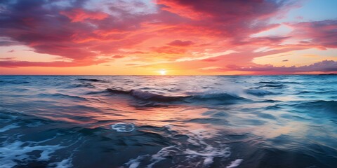 Fototapeta na wymiar Stunning ocean sunset with vibrant colors reflected on the waters surface. Concept Sunset Photography, Ocean Views, Vibrant Colors, Water Reflections