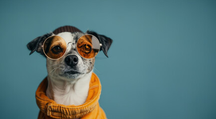 portrait of a jack russel dogs head is graced sleek, geometric hat that and On eyes, she sports a pair of statement sunglasses in line with the trends designs. Banner. Copy space in a blue backgroung - obrazy, fototapety, plakaty