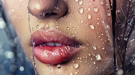 dewy skin and hydrated lips a girls closeup facial beauty accentuated by water drops and natural care - obrazy, fototapety, plakaty