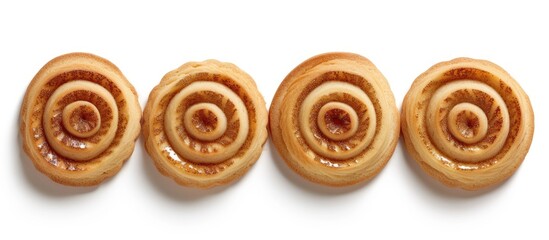 A group of four cinnamon buns arranged neatly on top of each other, creating a spiral pattern. The cinnamon buns are golden brown and have a sweet, spicy aroma. They are isolated on a white background