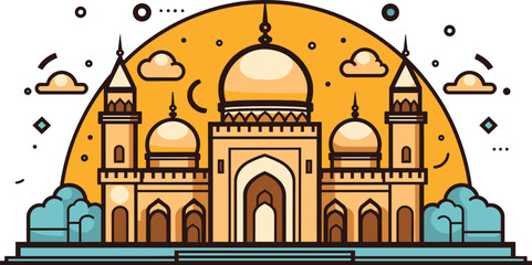yellow ramadan mosque flat illustration with outline beautiful color