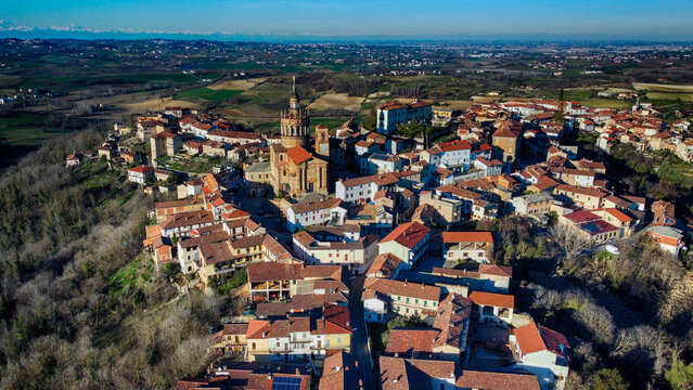 Aerial view of medieval town of Camagna Monferrato, Alessandria, Piedmont, Italy