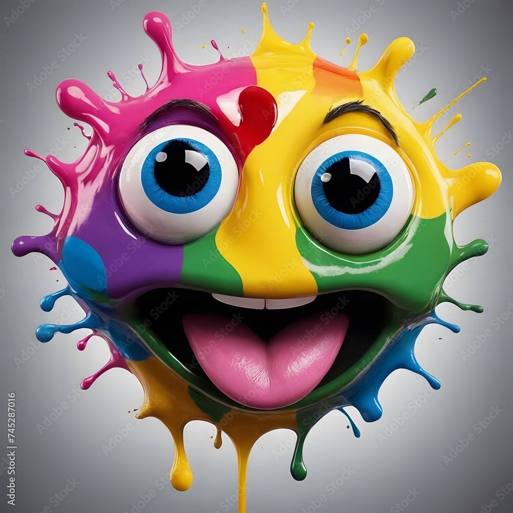 Poster an explosion of colorful splashes forms a joyful face, with vibrant hues of paint creating a lively 
