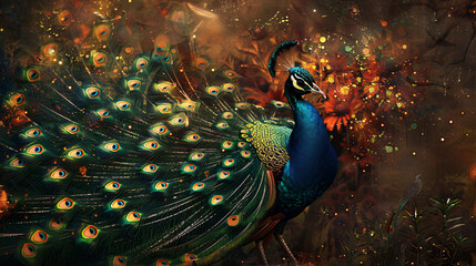 Beautiful multi-coloured peacock - obrazy, fototapety, plakaty