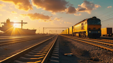 Freight train at sunset on railway track with cargo ship in background.