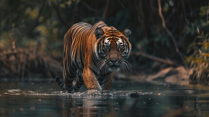 closeup of a majestic male tiger prowling in the river, a breathtaking scene of wildlife in motion © CinimaticWorks