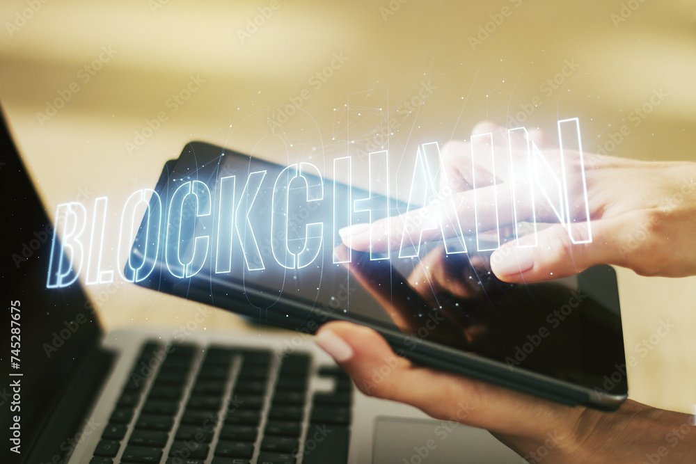 Poster creative concept of blockchain technology and finger clicks on a digital tablet on background. digit