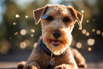 Cute funny Lakeland Terrier in sunglasses on a light background with bokeh
