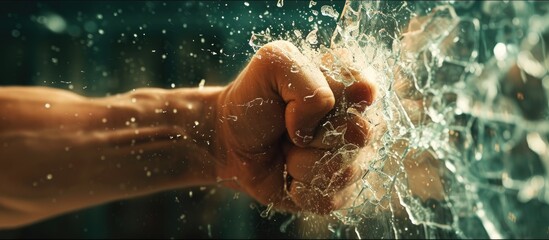 Fototapeta premium A powerful fist breaks through a glass window, shattering the barrier as an unstoppable force.