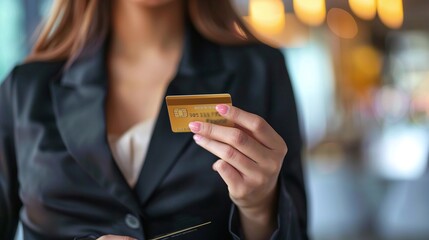 closeup of female businesswoman holding credit card, making secure transaction for retail purchase