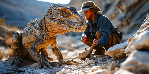 Paleontologist Studying a Dinosaur in the Desert. Researcher notes details of a dinosaur fossil in...
