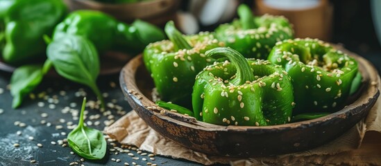 A wooden bowl is filled with vibrant green bell peppers that are generously coated with sesame seeds. The peppers are the main focus of the image, showcasing their fresh and healthy appearance.