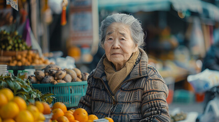 An older Asian woman selling fruits and vegetables at her street stall