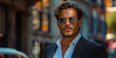 Fototapeta premium Stylish Man Wearing Glasses Sitting By Window