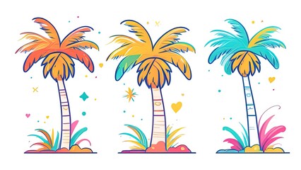 Fototapeta na wymiar Cute palm tree set. Tropical palm tree hand drawn summer element. Hawaii style decorative border. Cartoon trees illustration. Exotic plants for holiday posters, cards, invitations jungle party.
