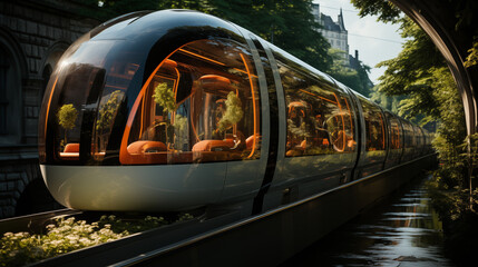 Naklejka premium Futuristic train moving through lush green landscape with modern design elements and natural scenery