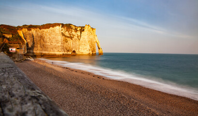 coastal landscape along the Falaise d'Aval the famous white cliffs of Etretat village