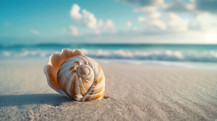 Minimal view of spiral seashell on the beach - obrazy, fototapety, plakaty