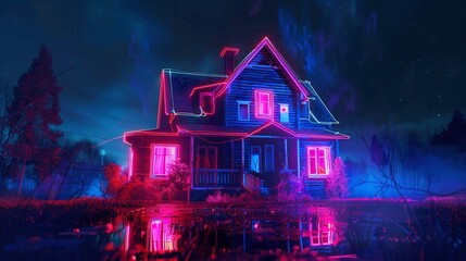 vibrant world of neon colors with a holographic projection of a modern cottage - obrazy, fototapety, plakaty