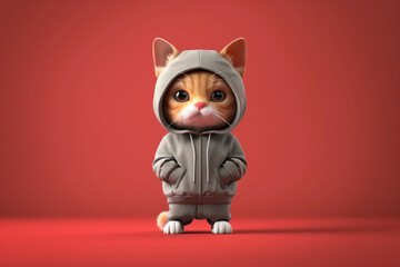 cute little cat in a hoodie, standing confidently against a solid red background. The minimalist setting accentuates the charm of the design and cat's playful touch. Banner in red. Copy space
