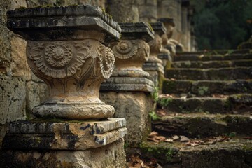 Fototapeta na wymiar the serene and haunting beauty of a series of ancient, ornate stone pillars. 