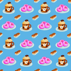 Mochi seamless pattern. Japanese Mochi with different fillings on colorful background. Asian sweet food. Vector for clothes, background, print, package. Japanese Mochi in rice dough.