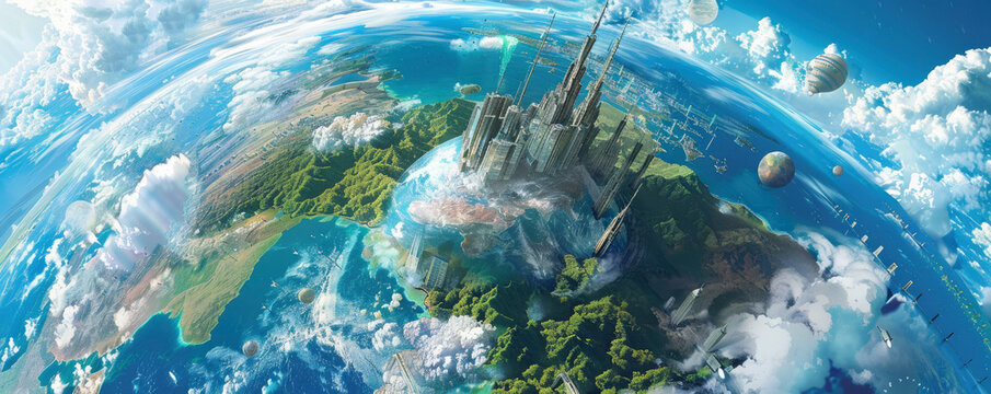 A parallel universe explorer discovers a world where architectural marvels float above the earth blending speed with serene landscapes
