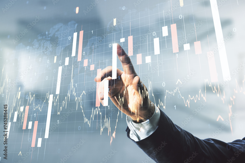 Poster multi exposure of analyst hand clicks on virtual abstract financial graph and world map on blurred o