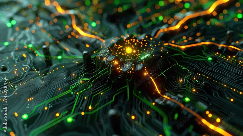 Poster artificial intelligence chip with neuronal network on glowing circuit board