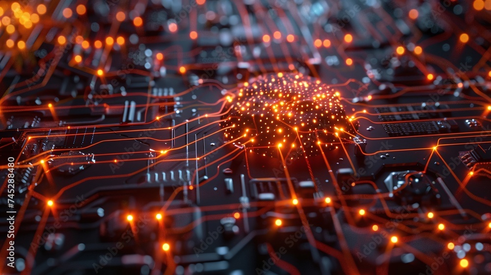 Poster future of technology glowing wires connecting ai chip and neuronal network on circuit board