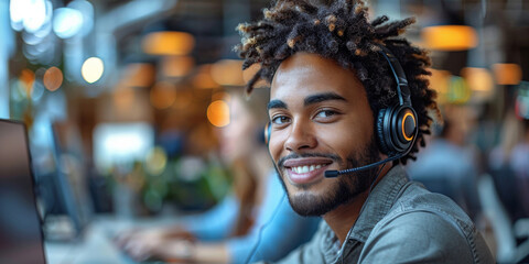 Smiling Man With Headset in Call Center - obrazy, fototapety, plakaty